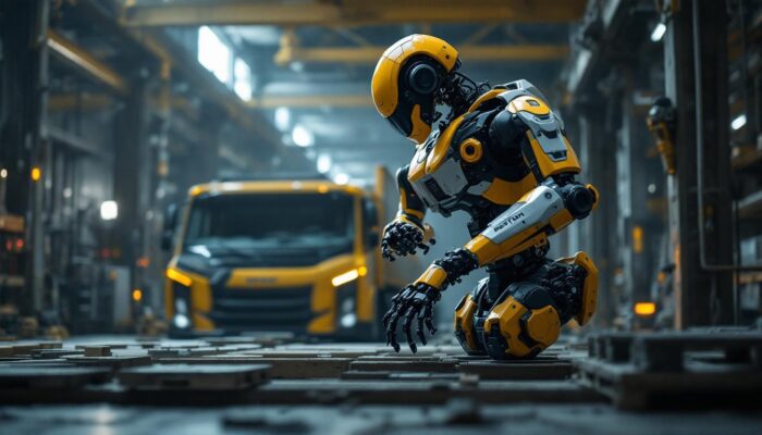 A photograph of a boston dynamics robot in action within an industrial setting