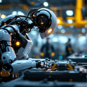 A photograph of a sleek industrial robot in action on a factory floor