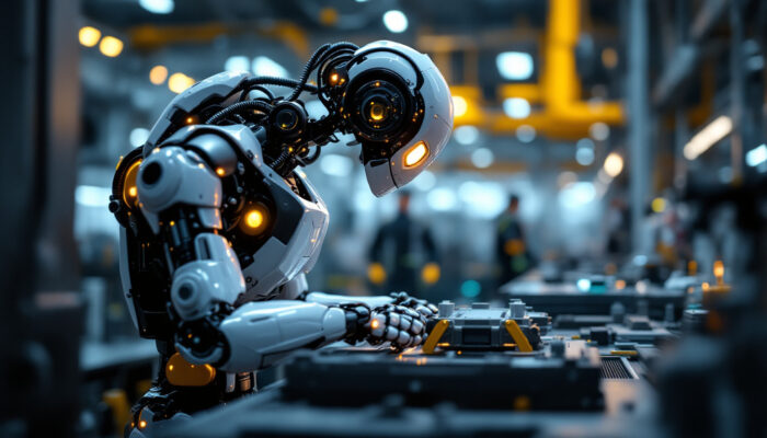 A photograph of a sleek industrial robot in action on a factory floor
