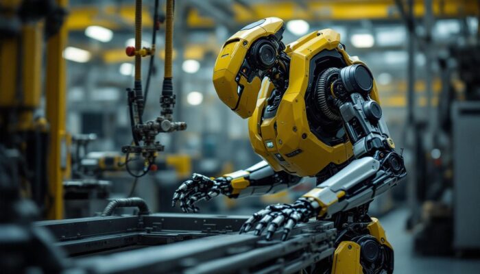 A photograph of a boston dynamics robot in action within an industrial setting