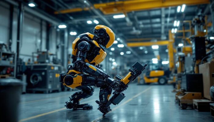A photograph of capture a photograph of boston dynamics' bipedal robot in an industrial setting