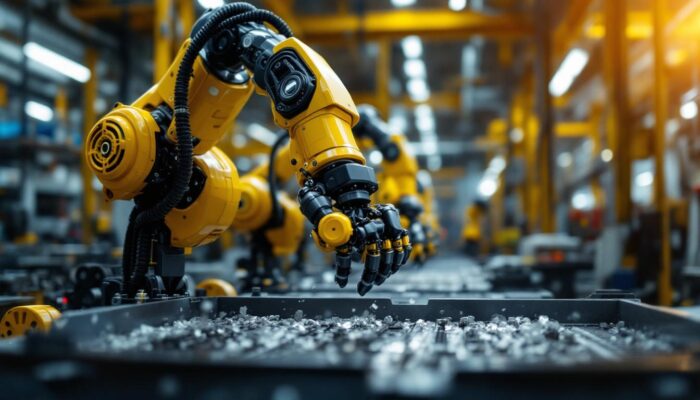 A photograph of a dynamic industrial robot in action within a manufacturing environment