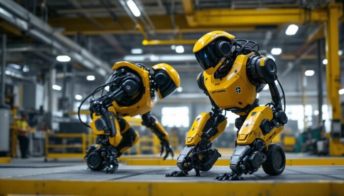 A photograph of capture a photograph of a boston dynamics robot in action within an industrial setting