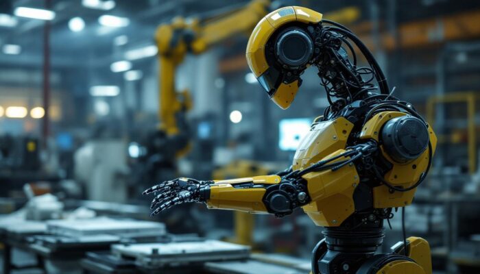 A photograph of a boston dynamics industrial robot in action within a manufacturing environment