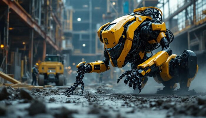 A photograph of a boston dynamics construction robot in action on a construction site