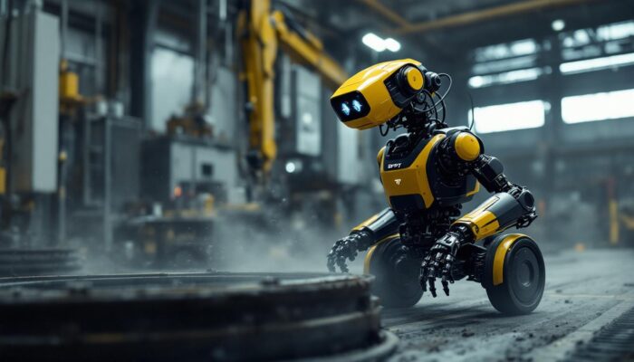 A photograph of a boston dynamics spot robot in action within an industrial setting