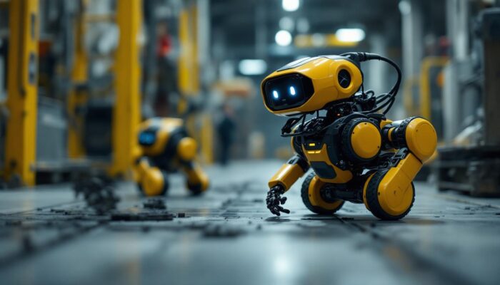 A photograph of capture a photograph of the boston dynamics mini spot robot in an industrial setting
