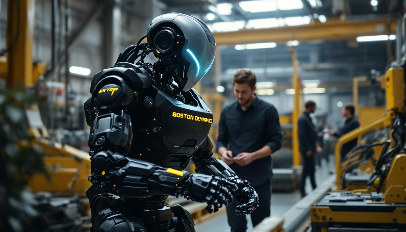 A photograph of a dynamic scene featuring a boston dynamics robot in action within an industrial setting