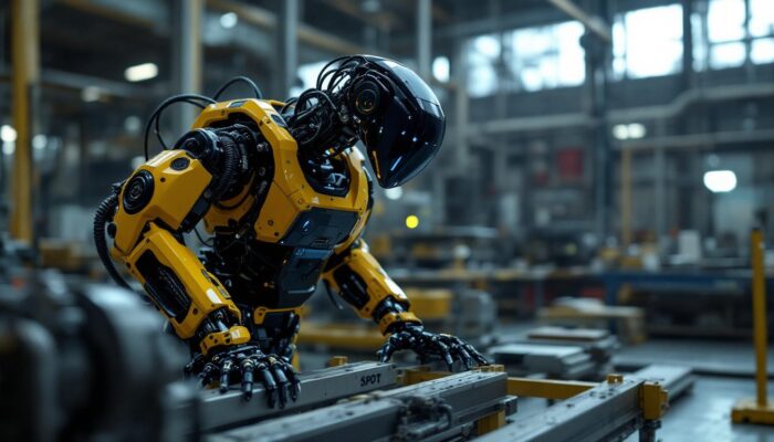 A photograph of capture a photograph of the boston dynamics spot robot in an industrial setting