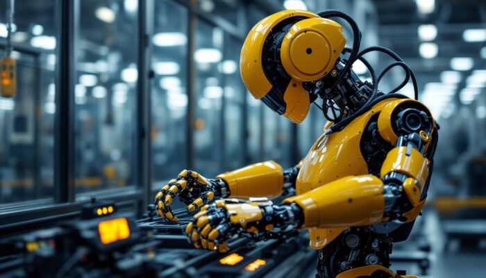 A photograph of a sleek industrial robot in action