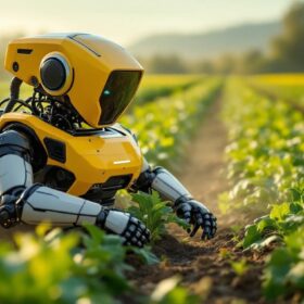 A photograph of a modern agricultural robot in action within a vibrant farm setting