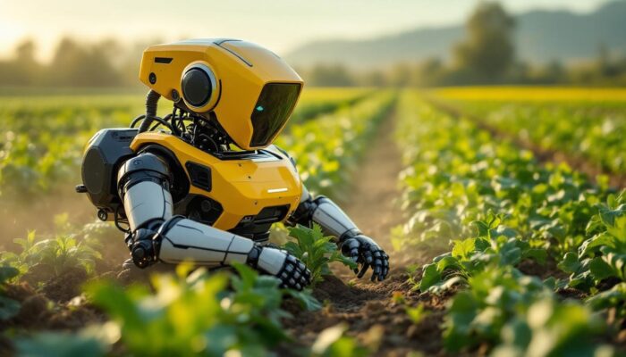 A photograph of a modern agricultural robot in action within a vibrant farm setting