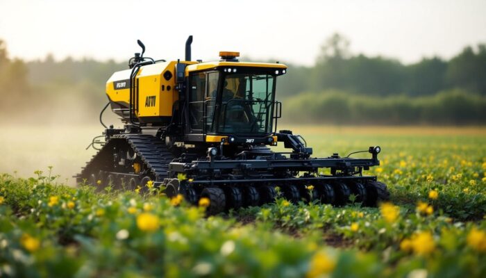 A photograph of an industrial robotic weeder in action