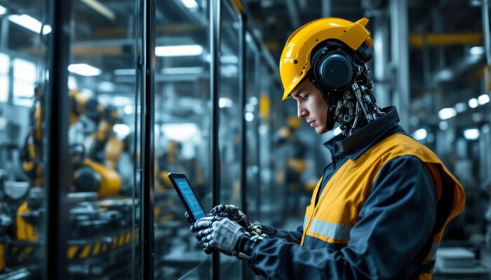 A photograph of a skilled technician programming or operating an industrial robot in a modern manufacturing environment