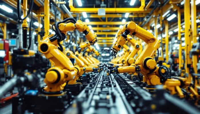 A photograph of a dynamic automotive assembly line showcasing industrial robots in action