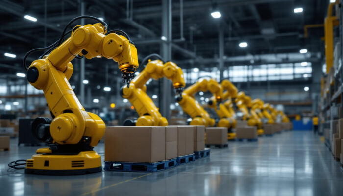 A photograph of a modern warehouse environment showcasing various industrial robots in action