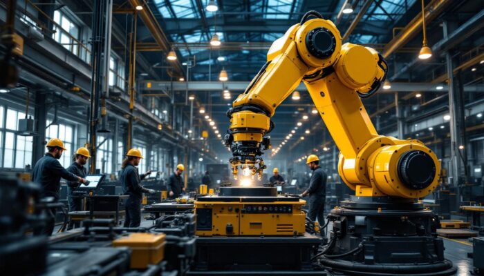 A photograph of a dynamic industrial setting featuring a large robotic arm in action