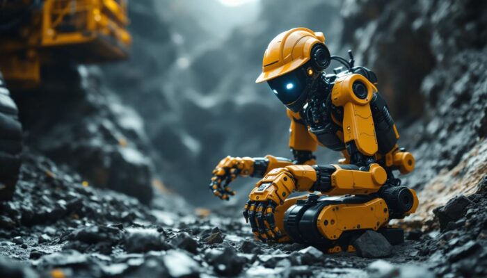 A photograph of a sophisticated mining robot in action within an industrial setting