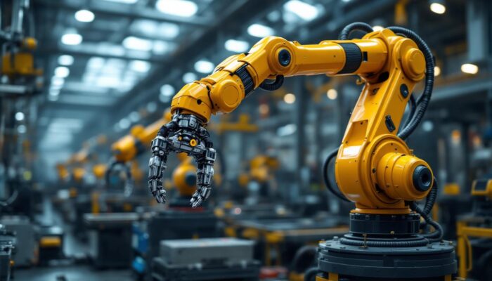 A photograph of an industrial robotic arm in action