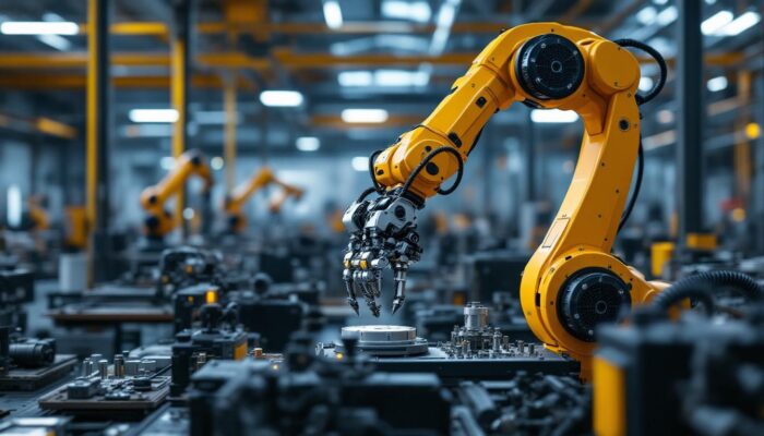 A photograph of a six-axis robotic arm in an industrial setting