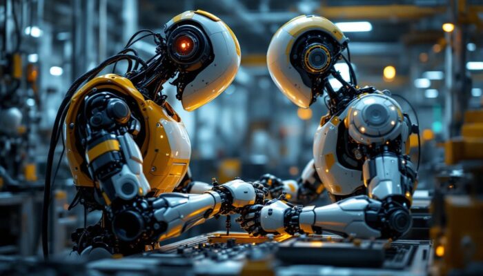 A photograph of a sleek industrial robot in action within a manufacturing environment