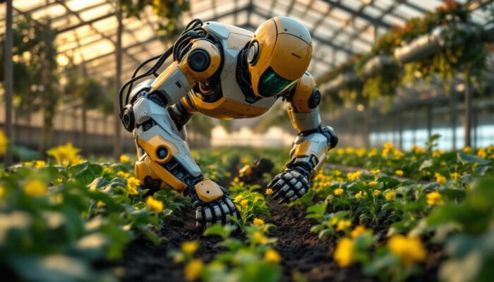 A photograph of a modern agricultural robot in action within a vibrant farm setting