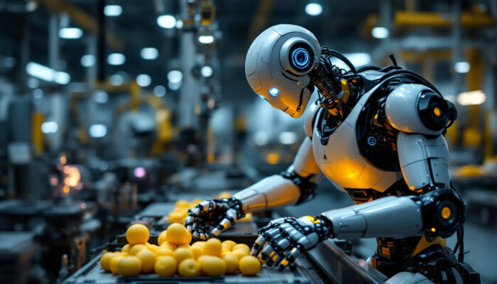 A photograph of a sleek industrial robot in action within a manufacturing environment