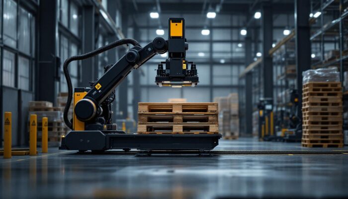 A photograph of a sleek industrial robotic pallet destacker in action