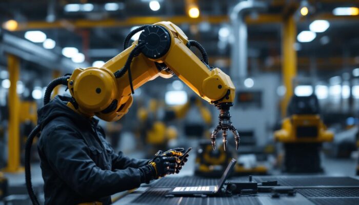 A photograph of a skilled technician programming or interacting with an industrial robot in a dynamic factory setting