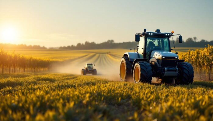 A photograph of a modern agricultural landscape featuring advanced robotic machinery in action
