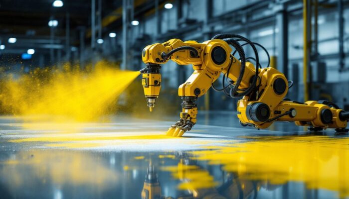 A photograph of a robotic spray painting system in action