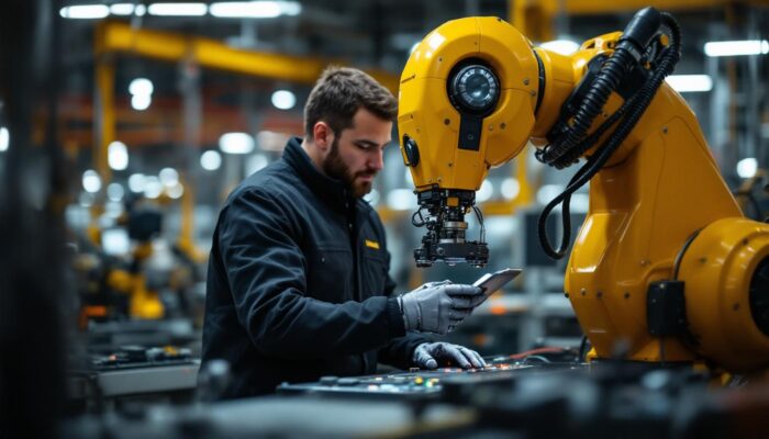 A photograph of a skilled technician programming or operating an industrial robot in a modern manufacturing environment