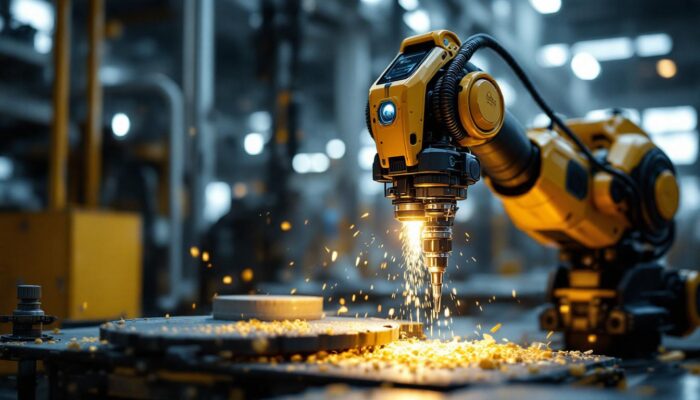 A photograph of a drilling robot in action within an industrial setting