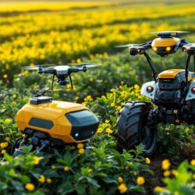 A photograph of a modern agricultural landscape featuring advanced robotic machinery in action