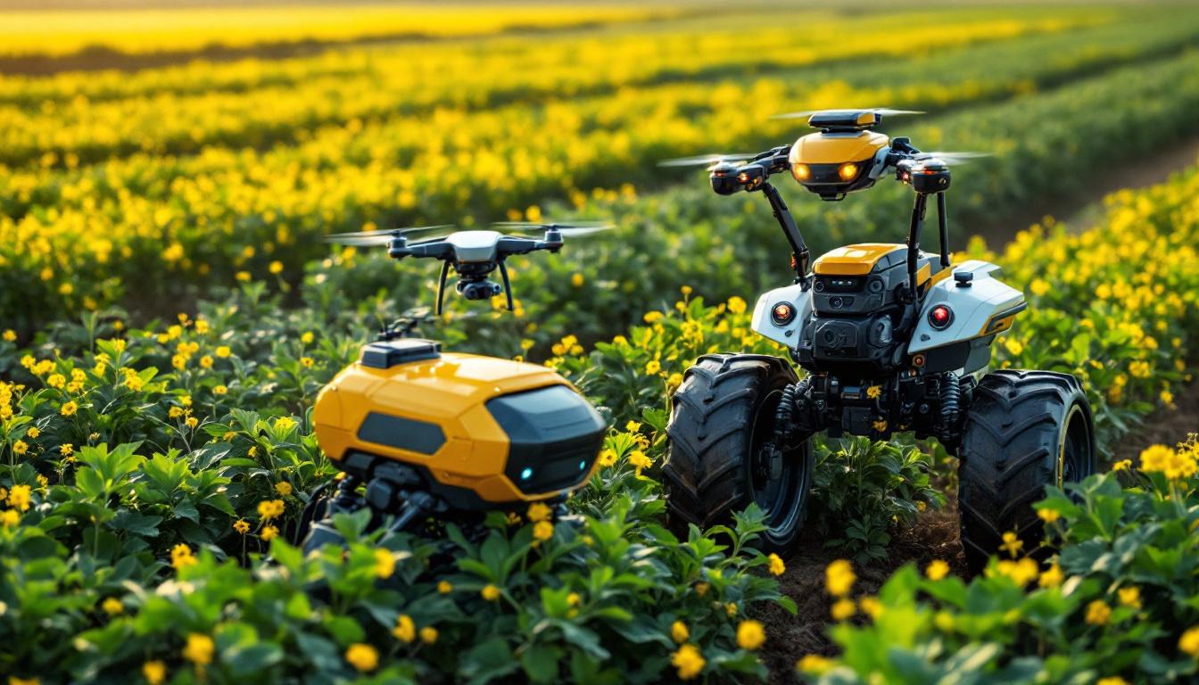 A photograph of a modern agricultural landscape featuring advanced robotic machinery in action
