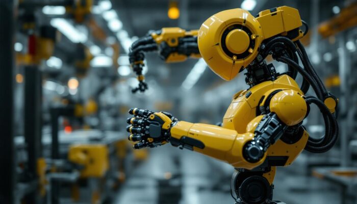 A photograph of a sleek industrial robot in action within a manufacturing environment