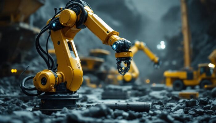 A photograph of a high-tech industrial robotic arm in action within a mining environment