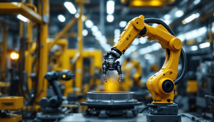 A photograph of a sleek industrial robotic arm in action