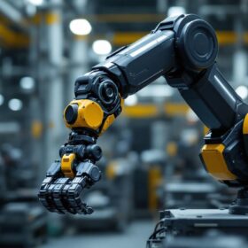 A photograph of a sleek industrial robotic arm in action