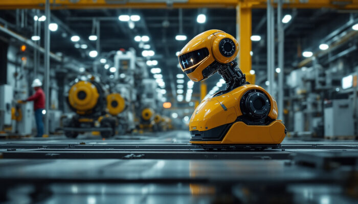 A photograph of a mobile robot in action within an industrial setting