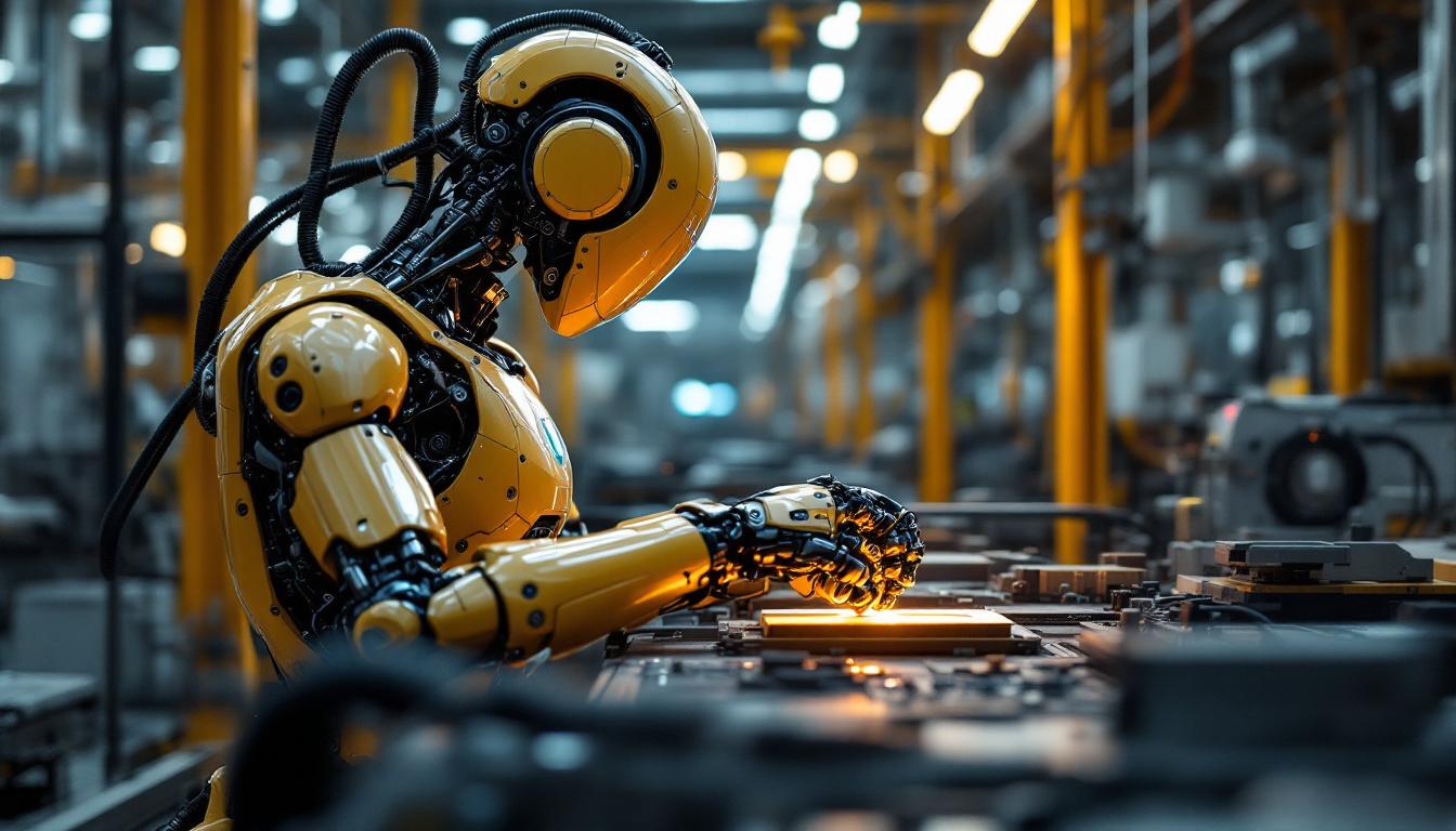A photograph of a state-of-the-art industrial robot in action within a manufacturing environment
