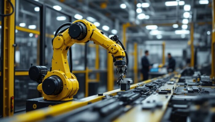 A photograph of capture a photograph of a motorized robotic arm in an industrial setting