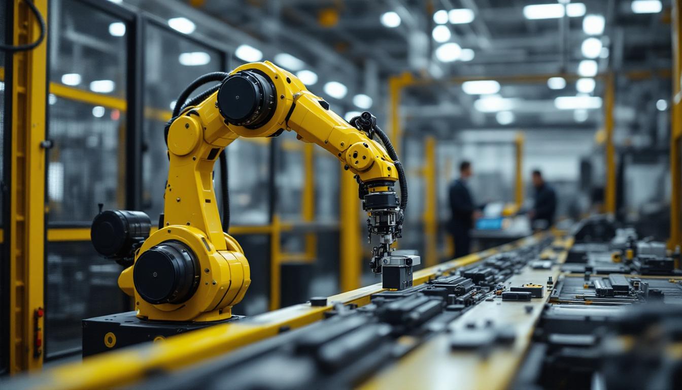 A photograph of capture a photograph of a motorized robotic arm in an industrial setting