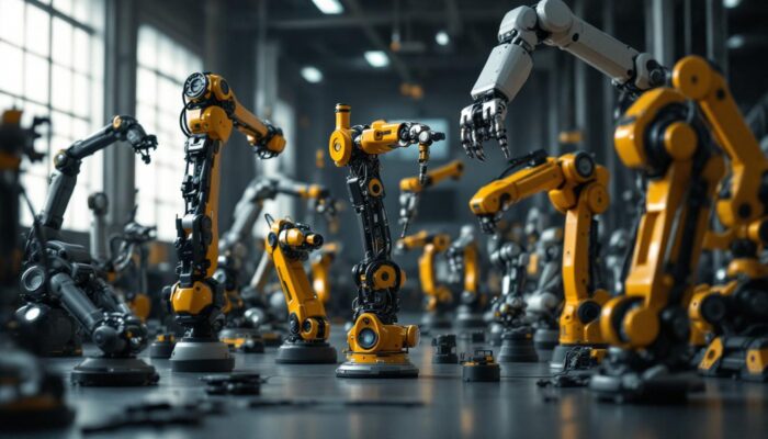 A photograph of a diverse array of artificial limbs and industrial robotic arms in a dynamic setting