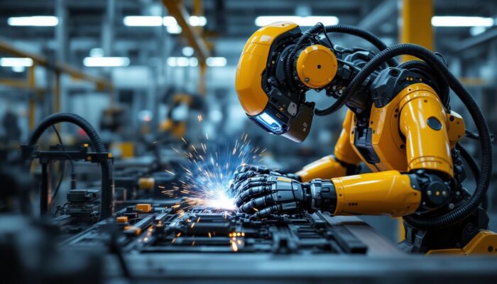 A photograph of a modern industrial robot in action