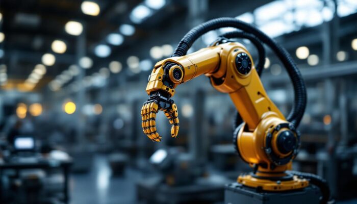 A photograph of a sleek and modern industrial robotic arm in action