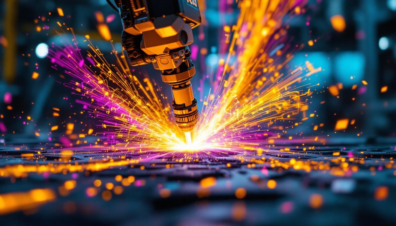 A photograph of a dynamic industrial robotic arm in action