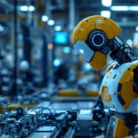 A photograph of a modern industrial robot in action on a factory floor