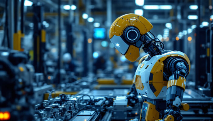 A photograph of a modern industrial robot in action on a factory floor