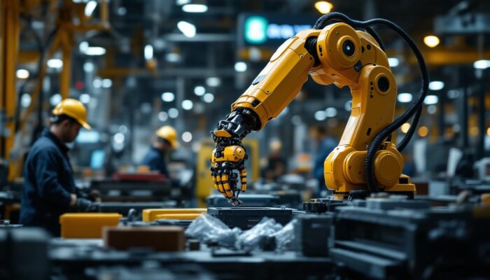 A photograph of a sleek industrial robotic arm in action on a manufacturing floor